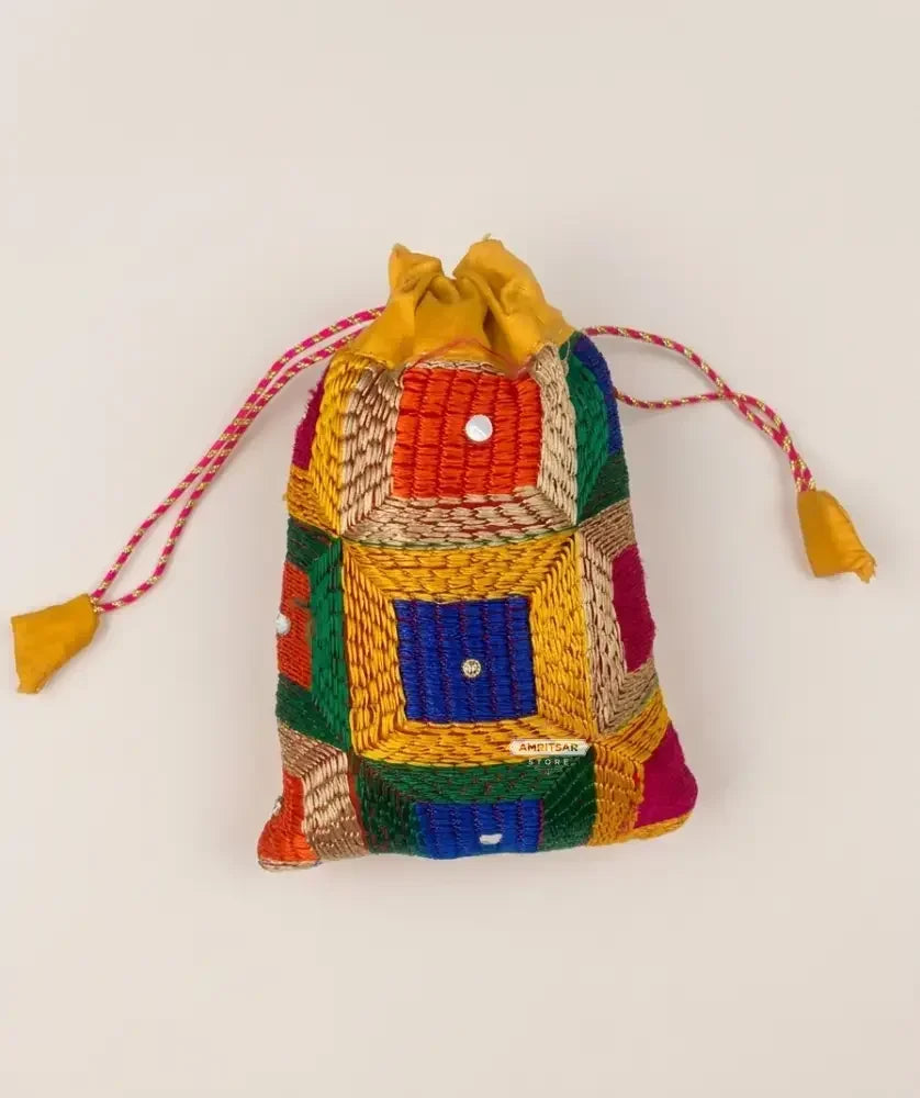 The Amritsar Store Phulkari Potli Bag in multicolor – Phulkari Embroidery - The Amritsar Store