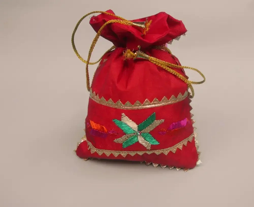 The Amritsar Store Phulkari Potli Bag in Red- Hand Embroidered - The Amritsar Store