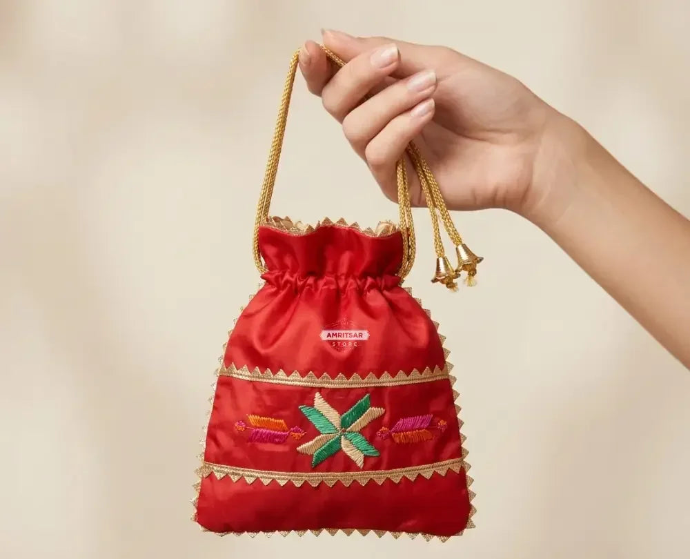 The Amritsar Store Phulkari Potli Bag in Red- Hand Embroidered - The Amritsar Store