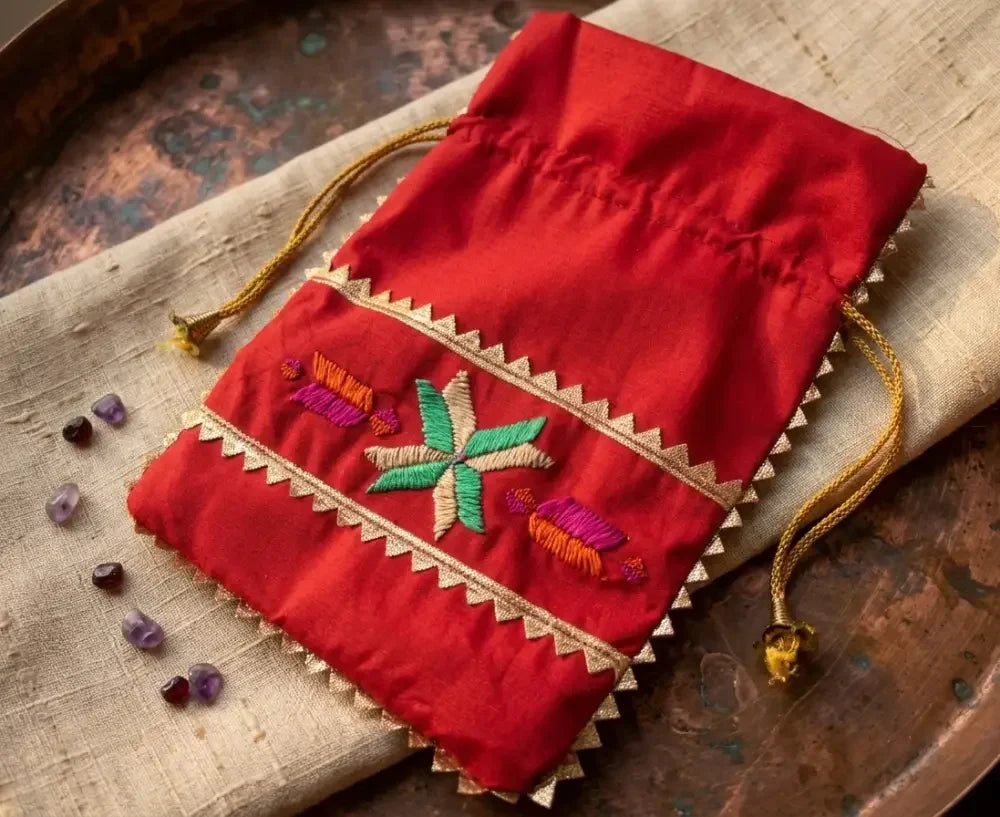 The Amritsar Store Phulkari Potli Bag in Red- Hand Embroidered - The Amritsar Store