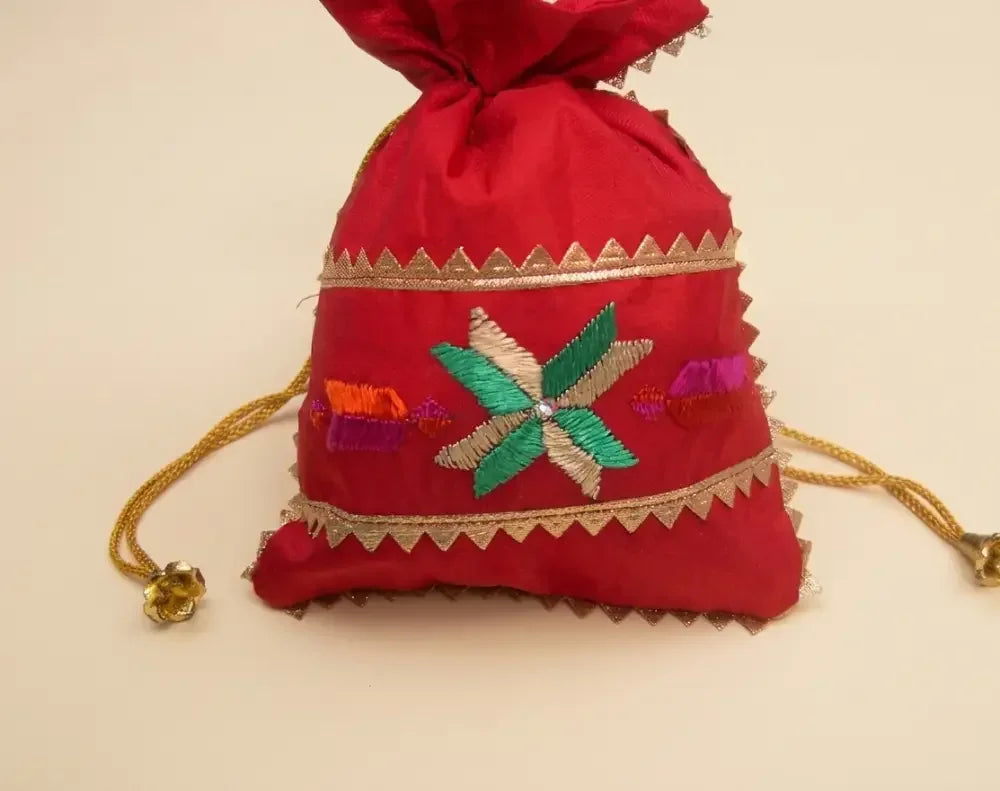 The Amritsar Store Phulkari Potli Bag in Red- Hand Embroidered - The Amritsar Store