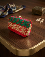 The Amritsar Store Handmade Red Clutch Bag with Green Floral Embroidery – Traditional Ethnic Handcrafted Evening Purse