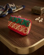 The Amritsar Store Phulkari Red Clutch Bag with Green Floral Pattern - The Amritsar Store