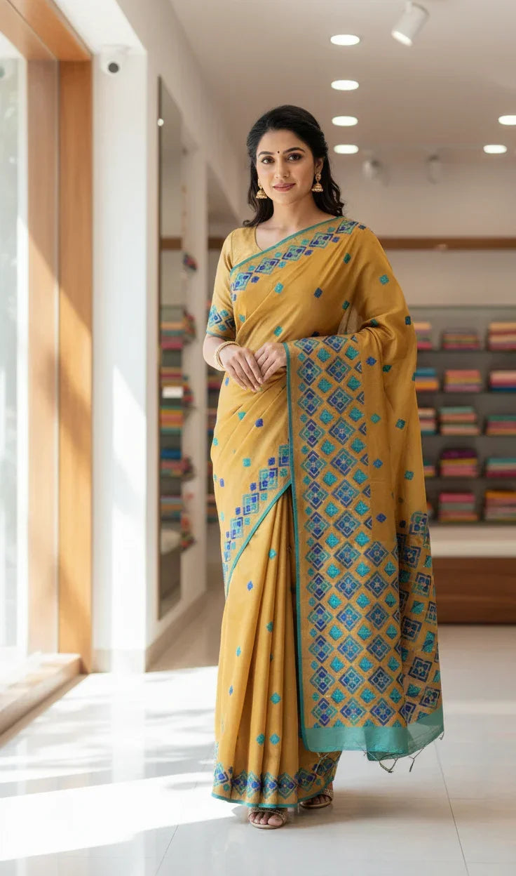 Phulkari Saree – Hand Embroidered Mustard Saree in Blue Thread | The Amritsar Store - The Amritsar Store