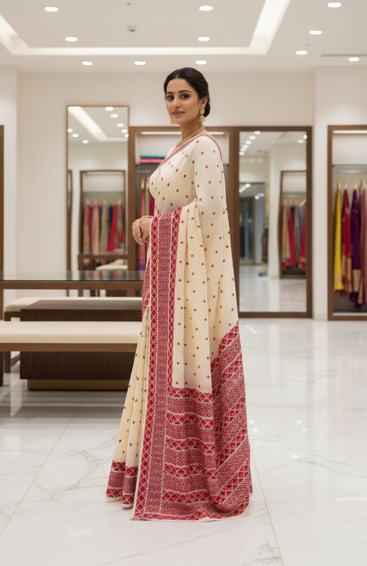 The Amritsar Store Phulkari Saree – Hand Embroidered Off-White Fabric with Red and Maroon Accents