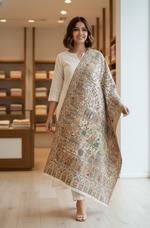 Royal Heritage stole by The Amritsar Store featuring intricate Mughal Darbar scenes with detailed floral jaal weave in rich traditional tones