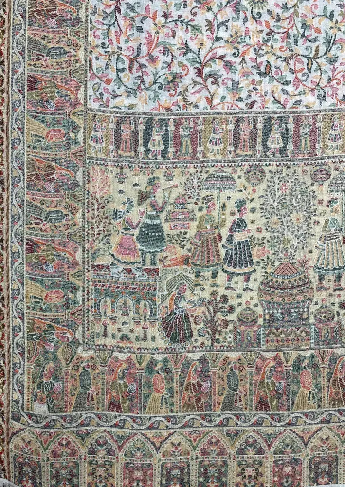 The Amritsar Store Royal Heritage Scene Shawl for women featuring intricate Mughal darbar motifs and delicate floral jaal weave, showcasing traditional Indian craftsmanship.