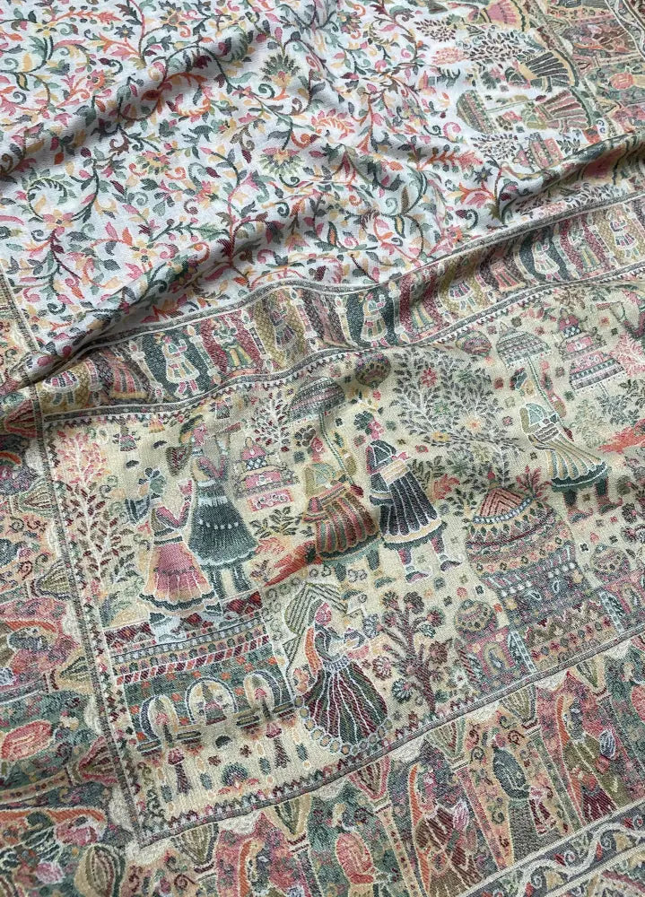 The Amritsar Store Royal Heritage Scene Shawl for women featuring intricate Mughal darbar motifs and delicate floral jaal weave, showcasing traditional Indian craftsmanship.