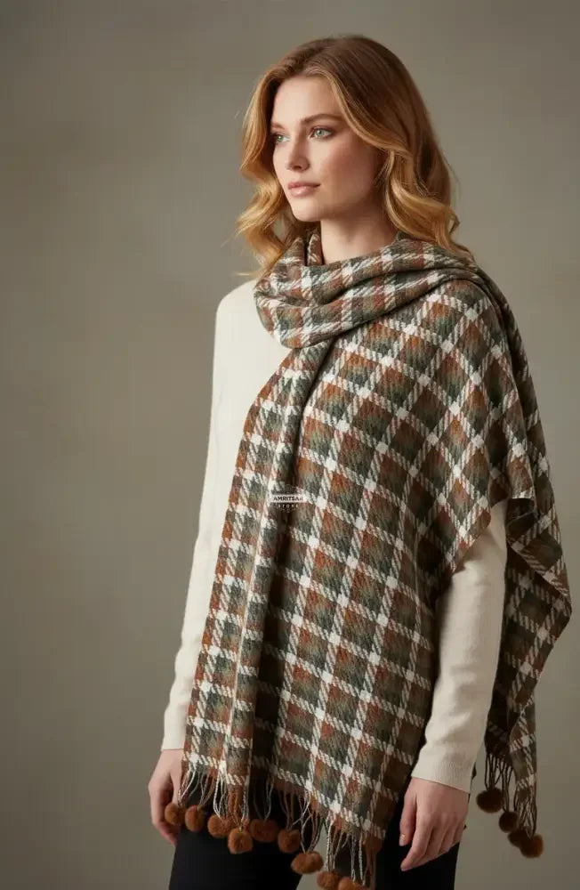 Rust Olive Checked Wool Scarf for Women – Soft Winter Scarf | The Amritsar Store - The Amritsar Store