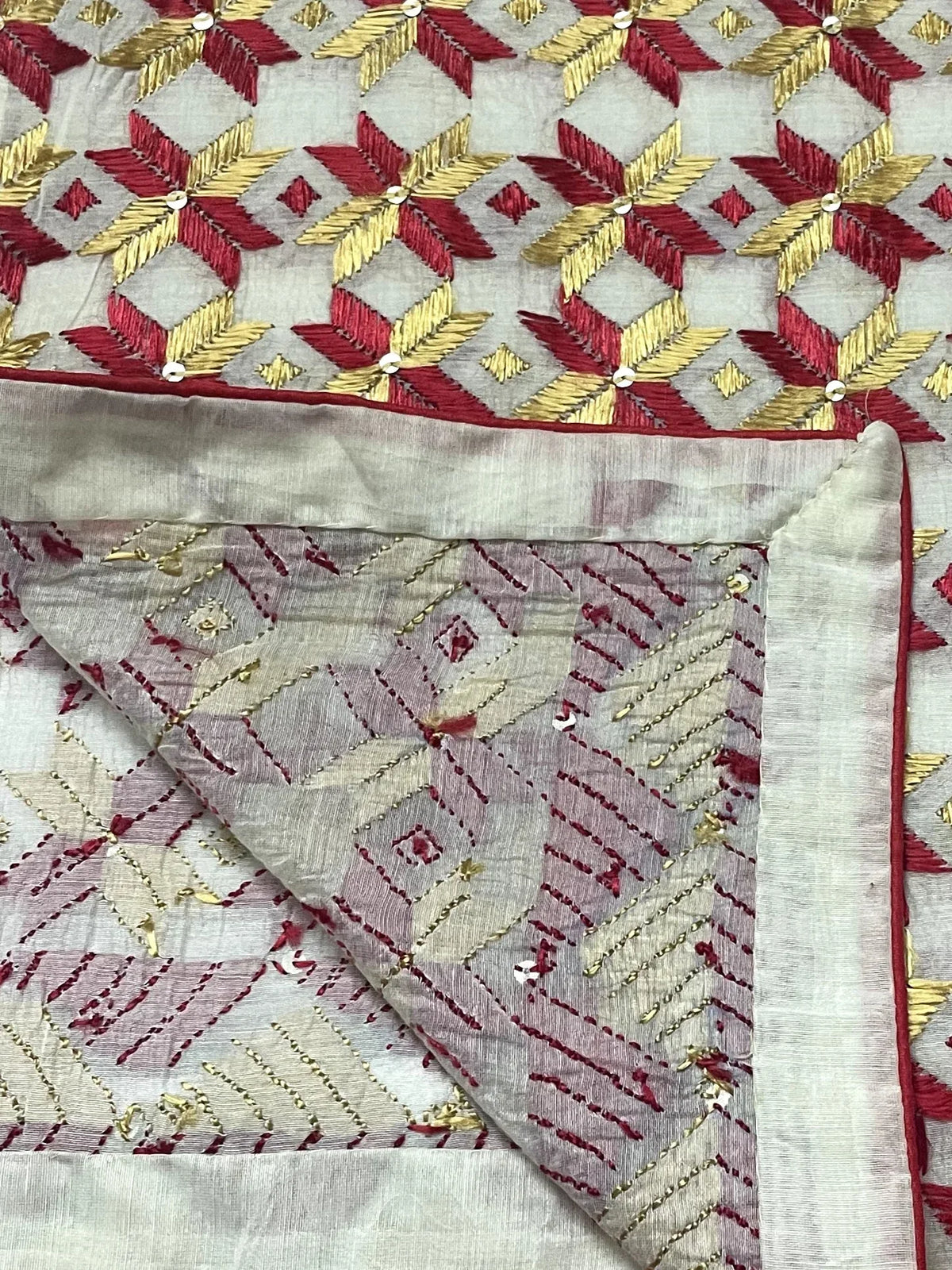 Phulkari Dupatta - Off-White with Maroon & Mustard Embroidery | The Amritsar Store - The Amritsar Store