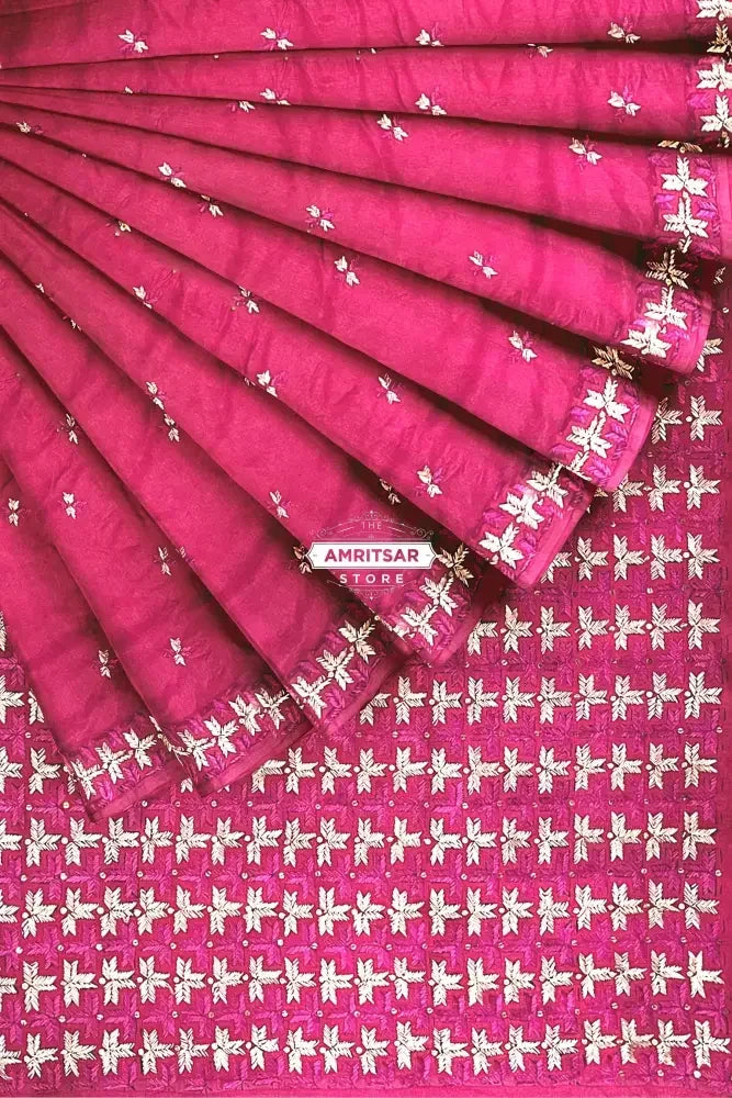 Phulkari Saree - Hand Embroidered Saree in Magenta color | The Amritsar Store - The Amritsar Store