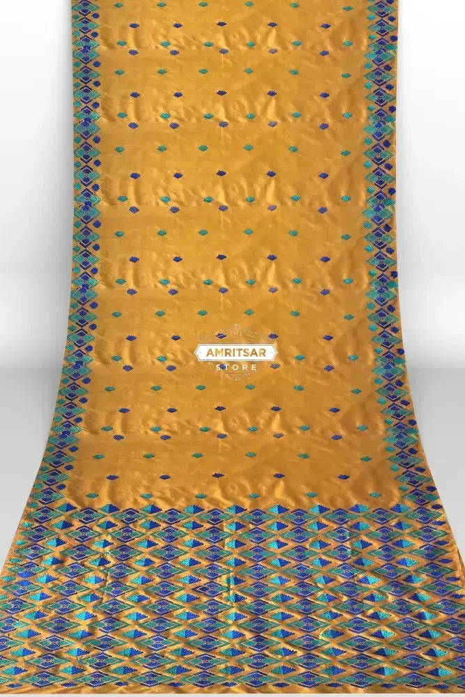 Phulkari Saree – Hand Embroidered Mustard Saree in Blue Thread | The Amritsar Store - The Amritsar Store