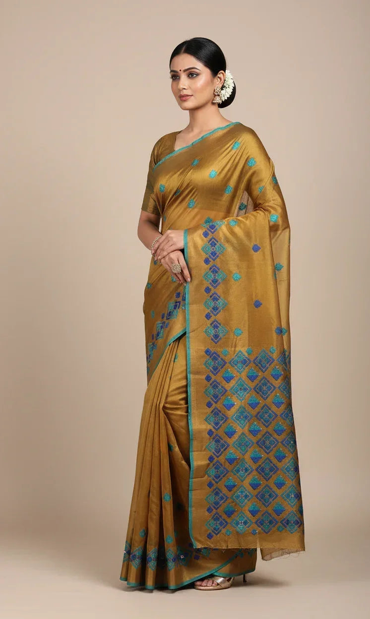 Phulkari Saree – Hand Embroidered Mustard Saree in Blue Thread | The Amritsar Store - The Amritsar Store