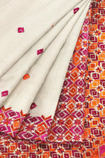 Phulkari Saree -Hand Embroidered White Saree with Orange Embroidery | The Amritsar Store - The Amritsar Store