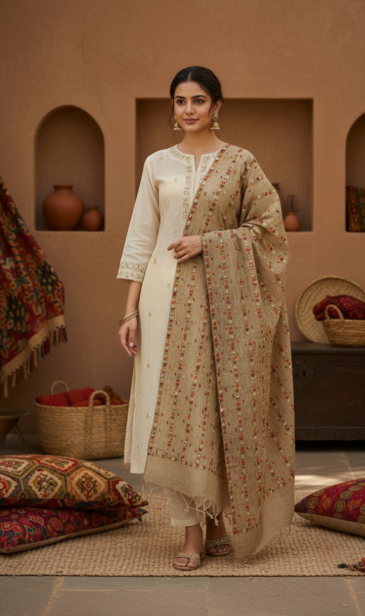 The Amritsar Store Phulkari Dupatta – Hand Embroidered with Multicolor Threads on Brown Fabric