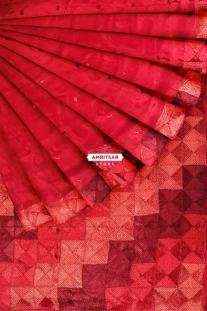 The Amritsar Store Phulkari Saree – Hand Embroidered Red Chinnon Chiffon, Traditional Punjabi Ethnic Attire