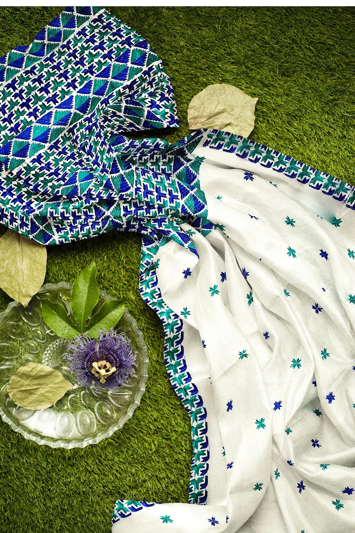 Phulkari Saree-Hand Embroidered White Saree with Blue Embroidery |The Amritsar Store - The Amritsar Store