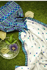 Phulkari Saree-Hand Embroidered White Saree with Blue Embroidery |The Amritsar Store - The Amritsar Store