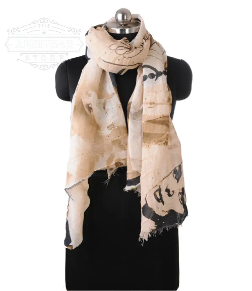 Vintage Hollywood print scarf in beige and sepia tones featuring classic cinema-inspired artwork by The Amritsar Store