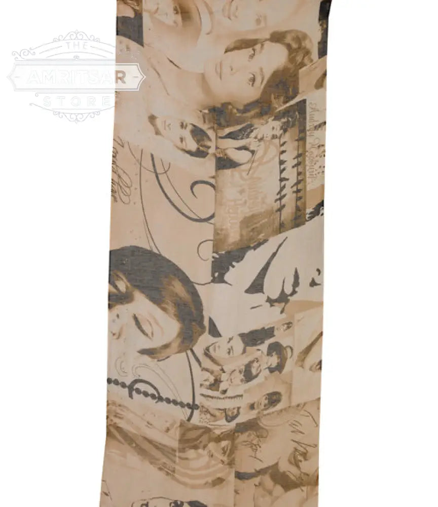 Vintage Hollywood print scarf in beige and sepia tones featuring classic cinema-inspired artwork by The Amritsar Store