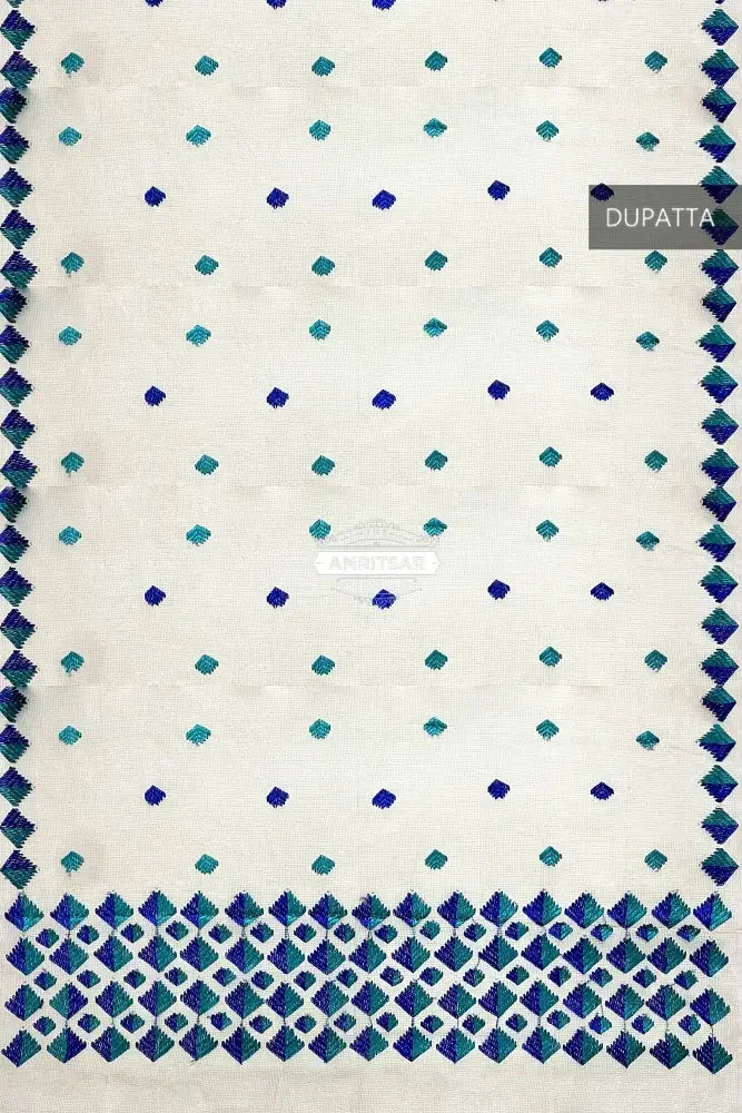 Phulkari Dupatta – Hand Embroidered White Dupatta with Blue Embroidery | The Amritsar Store - The Amritsar Store