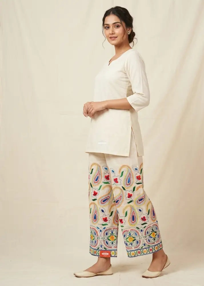 White Kora Cotton Embroidered Punjabi Plazzo by The Amritsar Store, traditional handcrafted ethnic palazzo for women.