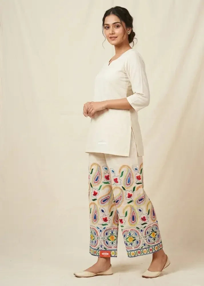 The Amritsar Store White Kora Cotton Embroidered Punjabi Palazzo - The Amritsar Store