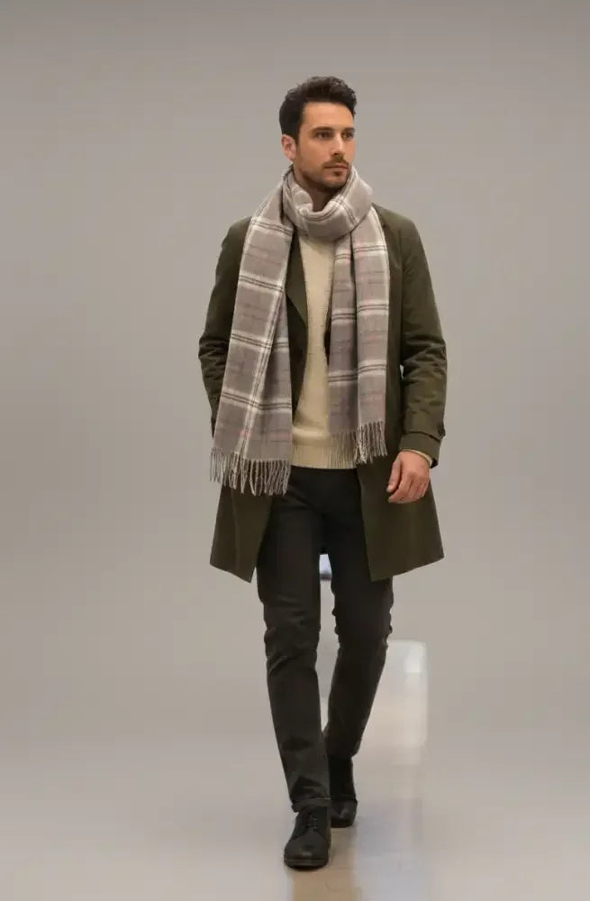 Grey Pink Plaid Wool Scarf – Soft Winter Scarf for Men & Women | The Amritsar Store - The Amritsar Store