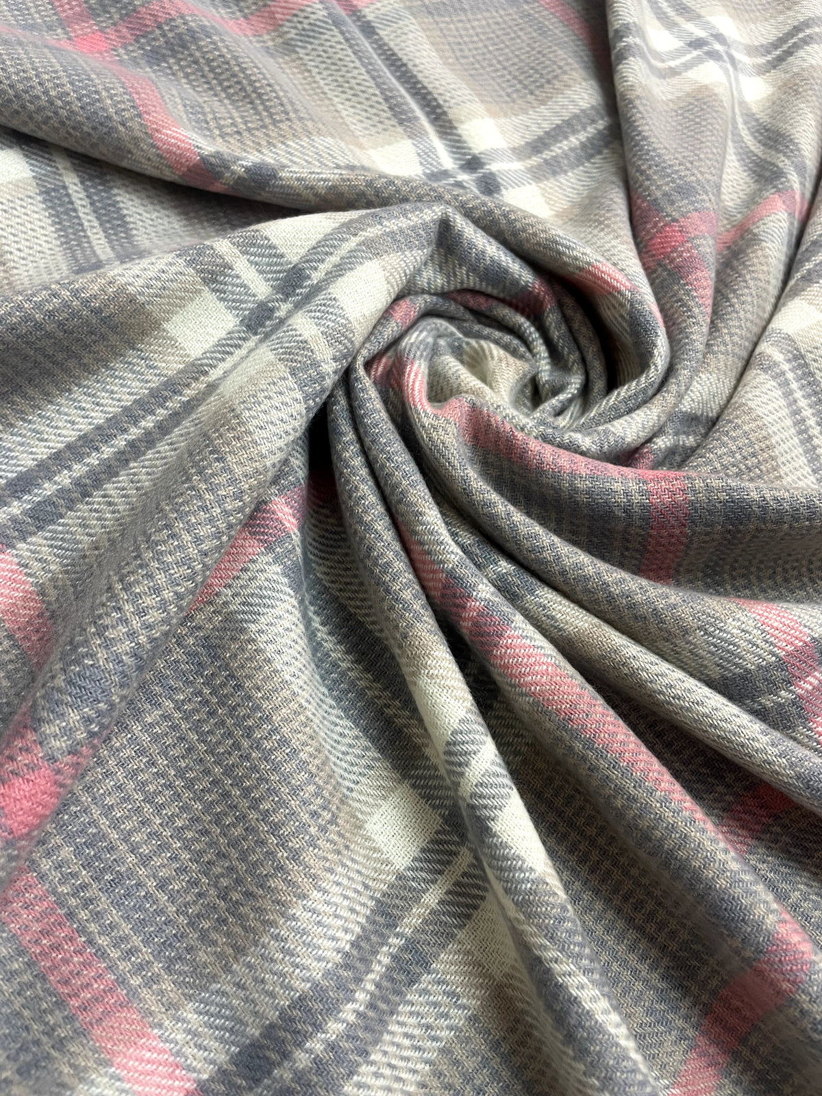 “The Amritsar Store winter plaid wool scarf in grey with soft pink accents, warm lightweight wool scarf