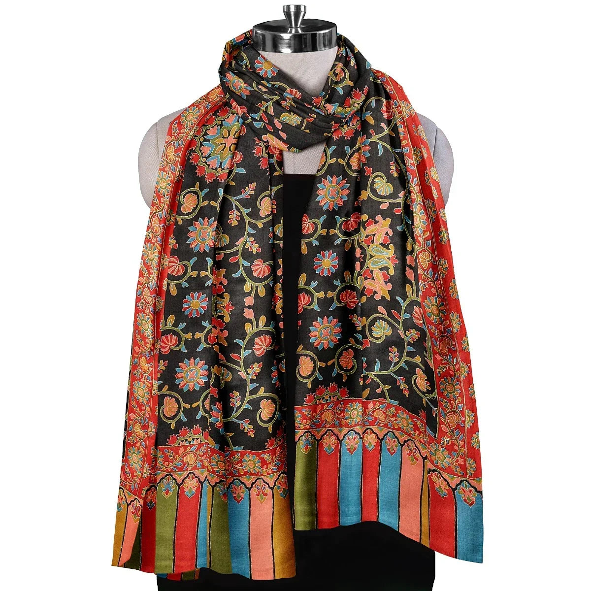 The Amritsar Store Womens Black Extra Fine Wool ,Kalamkari Handcrafted Shawl - The Amritsar Store