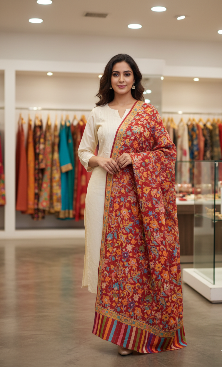 The Amritsar Store Women’s Kalamkari Shawl – Handcrafted Traditional Art featuring intricate patterns and rich traditional design, perfect for elegant ethnic styling