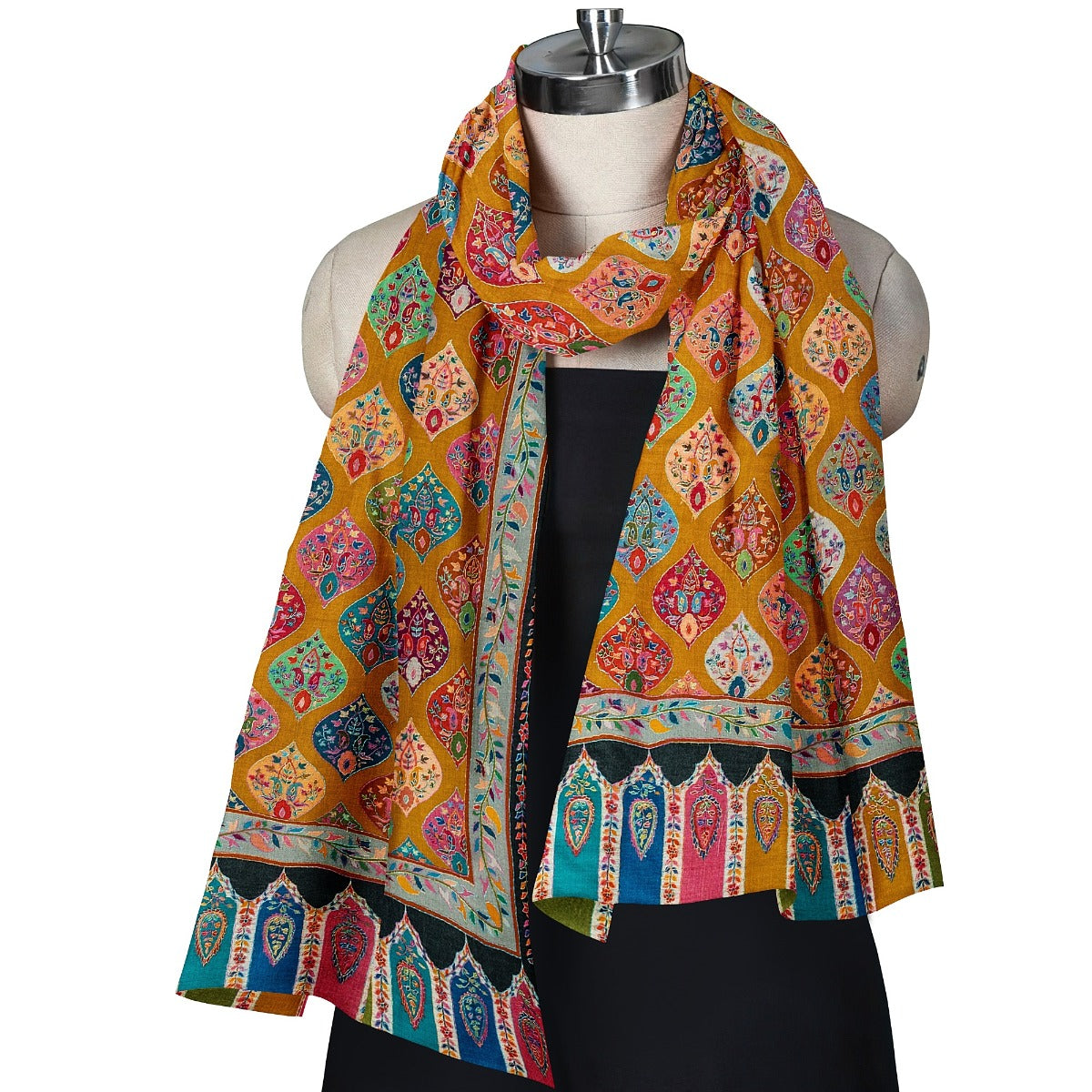 Women's Shawl, Heritage Exquisite Kashmiri Kalamkari Shawl, Hand Printed Shawl, Kalamkari Hand Embroidery Shawl, Large Wrap For Women & Men - The Amritsar Store