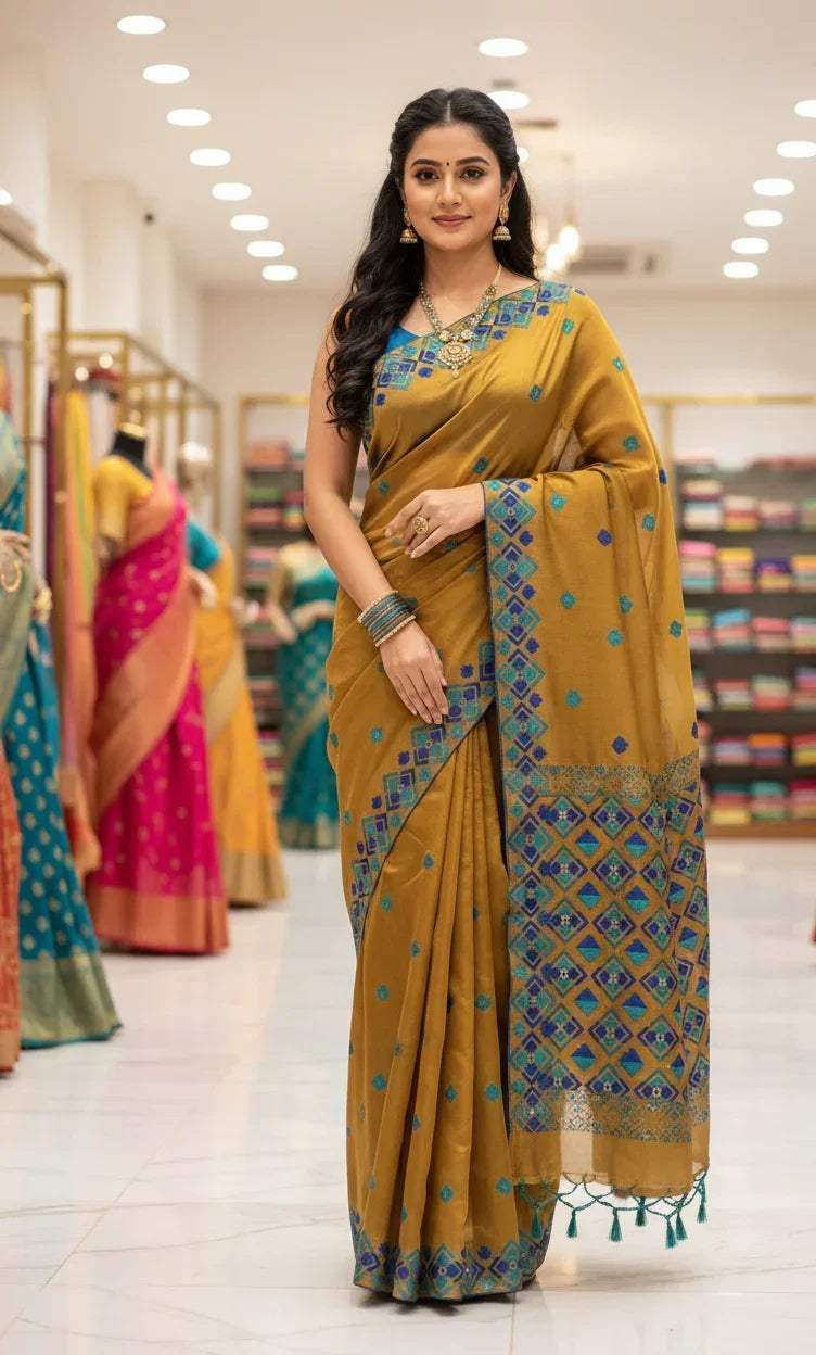 Phulkari Saree – Hand Embroidered Mustard Saree in Blue Thread | The Amritsar Store - The Amritsar Store