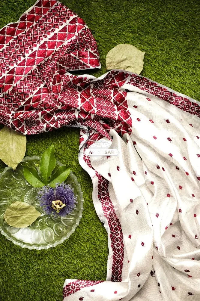 Phulkari Saree – Hand Embroidered White Saree with Maroon Embroidery | The Amritsar Store - The Amritsar Store