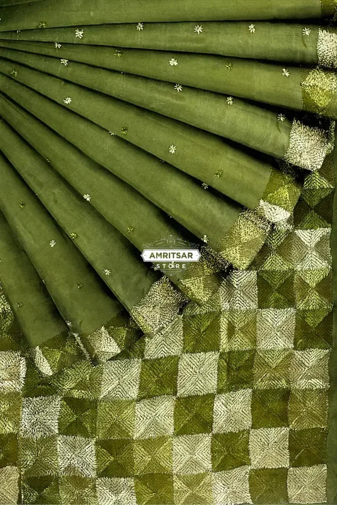 Phulkari Saree – Hand Embroidered Olive Green Saree for Women | The Amritsar Store - The Amritsar Store