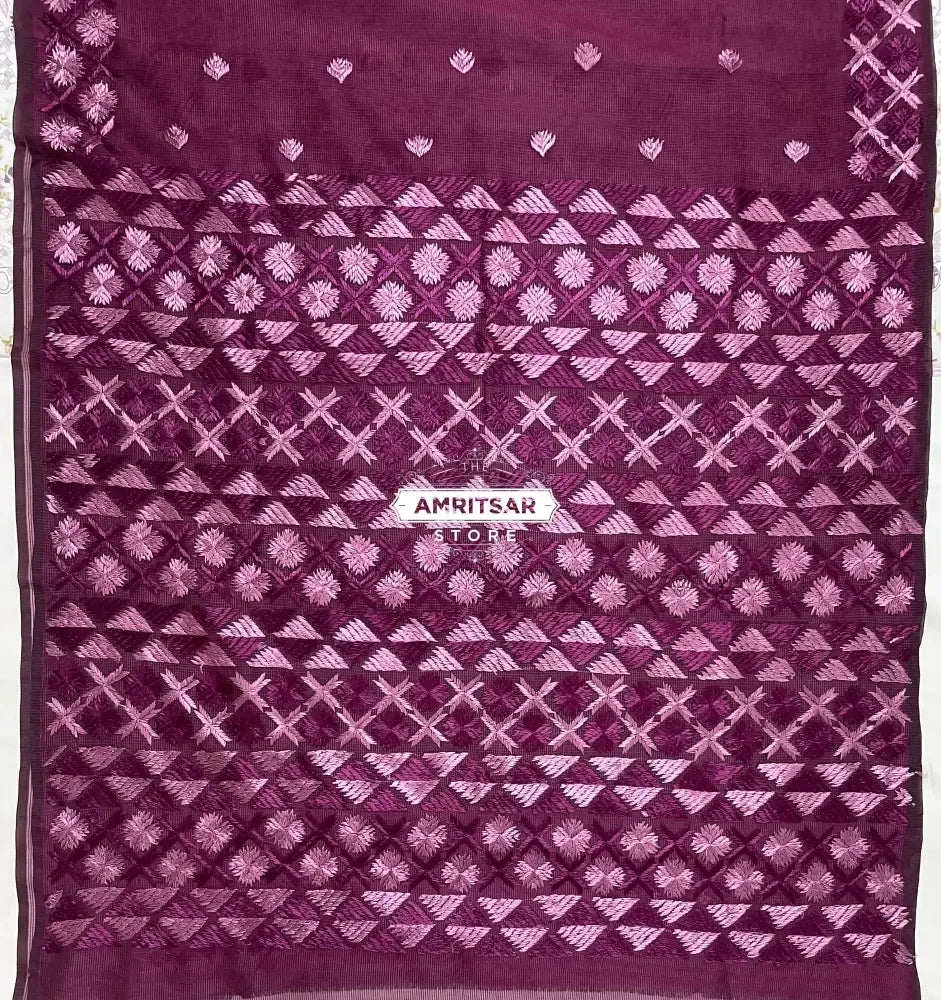 The Amritsar Store Phulkari Saree Hand Embroidered on Purple - The Amritsar Store