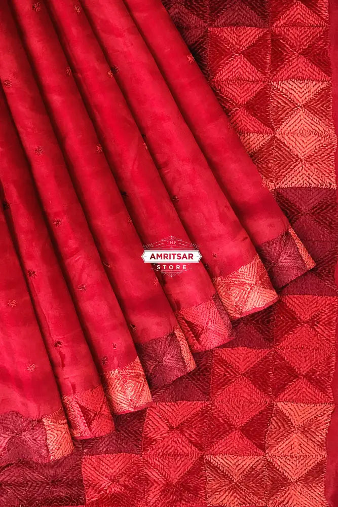 The Amritsar Store Phulkari Saree – Hand Embroidered Red Chinnon Chiffon, Traditional Punjabi Ethnic Attire