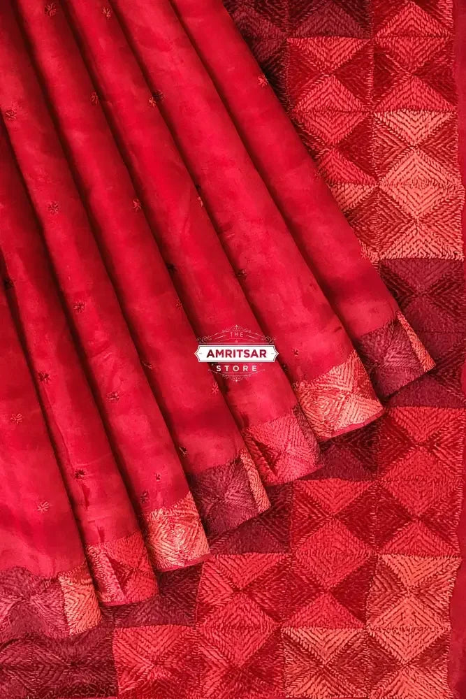 Phulkari Saree – Hand Embroidered Red Saree for Women | The Amritsar Store - The Amritsar Store