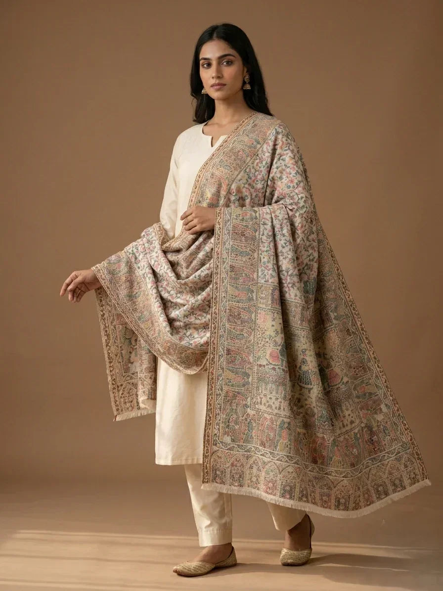 Women's Stole – Royal Heritage Mughal Darbar & Floral Jaal Weave | The Amritsar Store - The Amritsar Store
