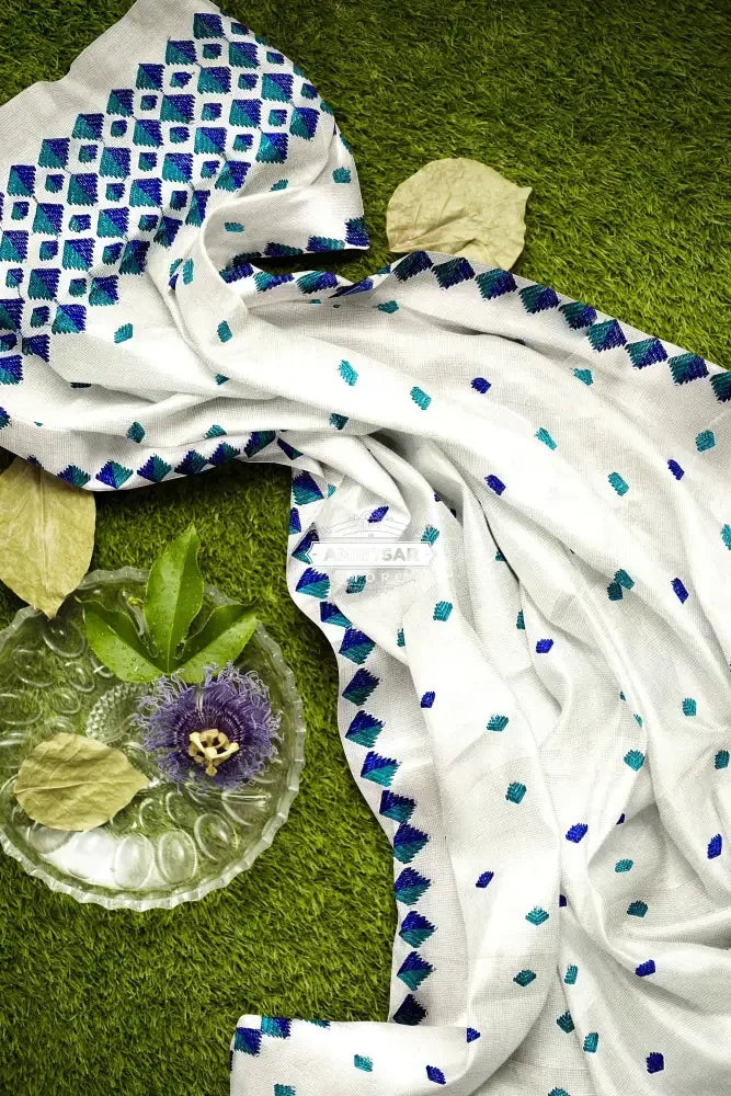 Phulkari Dupatta – Hand Embroidered White Dupatta with Blue Embroidery | The Amritsar Store - The Amritsar Store