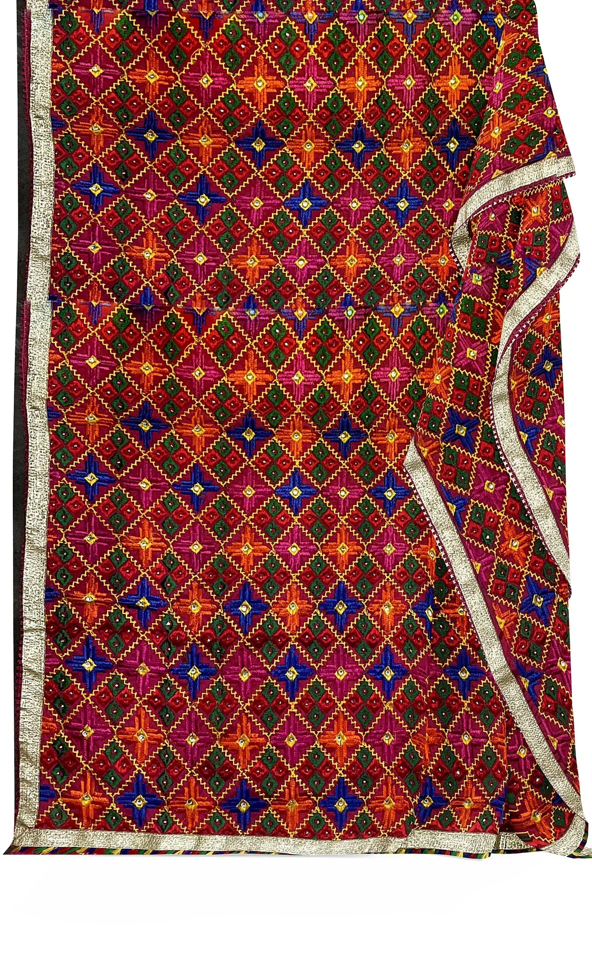 Rangoli Charm Phulkari reflects the vibrant magenta base and multicolor embroidery, reminiscent of a traditional rangoli design, full of color and cultural richness. - The Amritsar Store