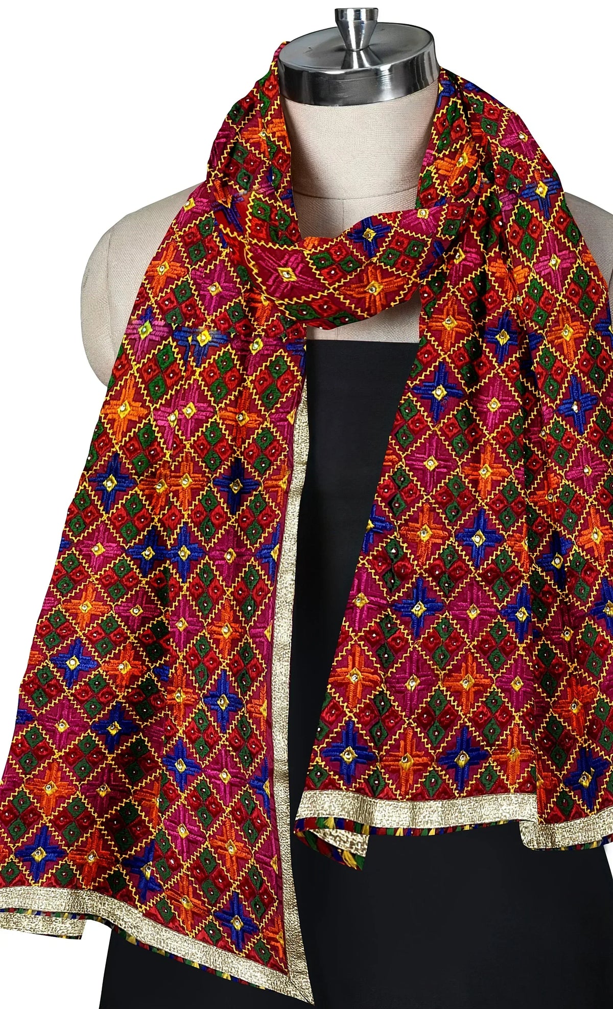 Rangoli Charm Phulkari reflects the vibrant magenta base and multicolor embroidery, reminiscent of a traditional rangoli design, full of color and cultural richness. - The Amritsar Store