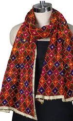 Rangoli Charm Phulkari reflects the vibrant magenta base and multicolor embroidery, reminiscent of a traditional rangoli design, full of color and cultural richness.