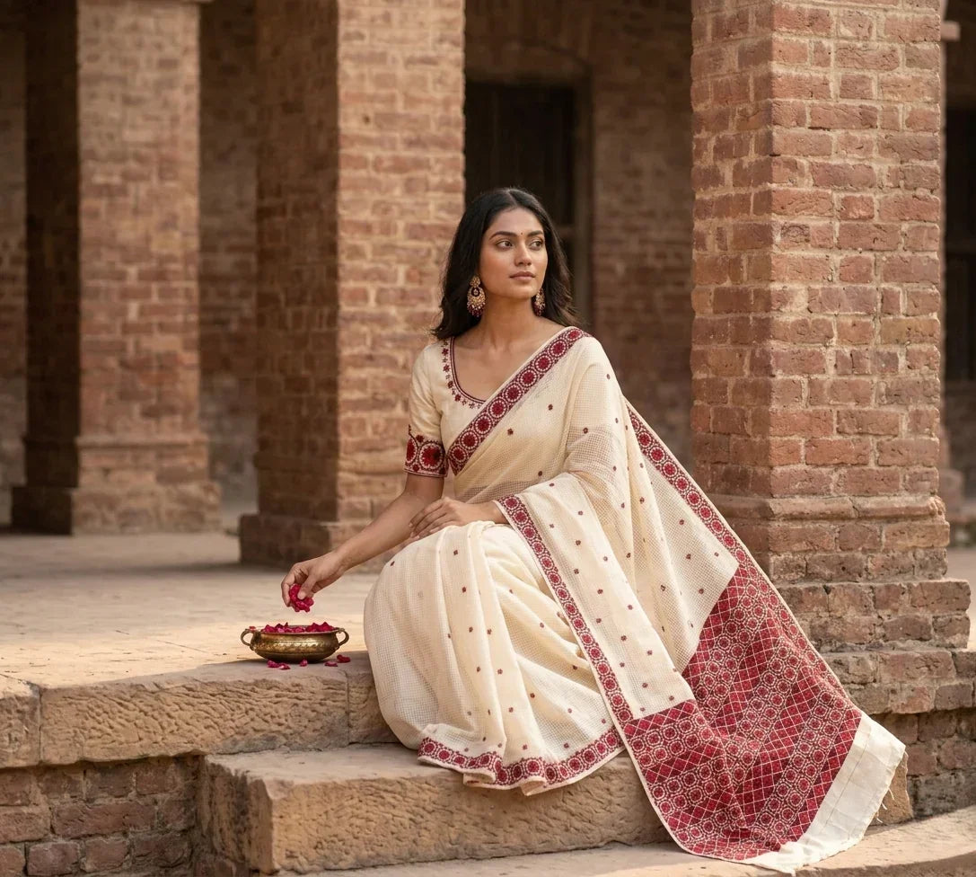 Phulkari Saree – Hand Embroidered White Bagh Saree For Women | The Amritsar Store - The Amritsar Store