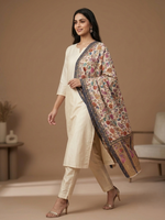 Women's traditional Kalamkari stole featuring elegant floral motifs in a lightweight designer wrap with timeless artisan craftsmanship.