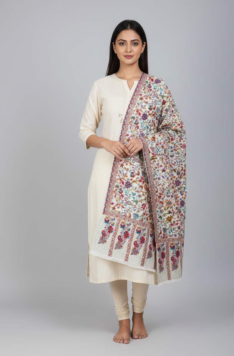 Kashmiri Sozni Embroidered Stole by The Amritsar Store – multicolor floral embroidery with pastel paisley border, handcrafted on soft wool fabric.