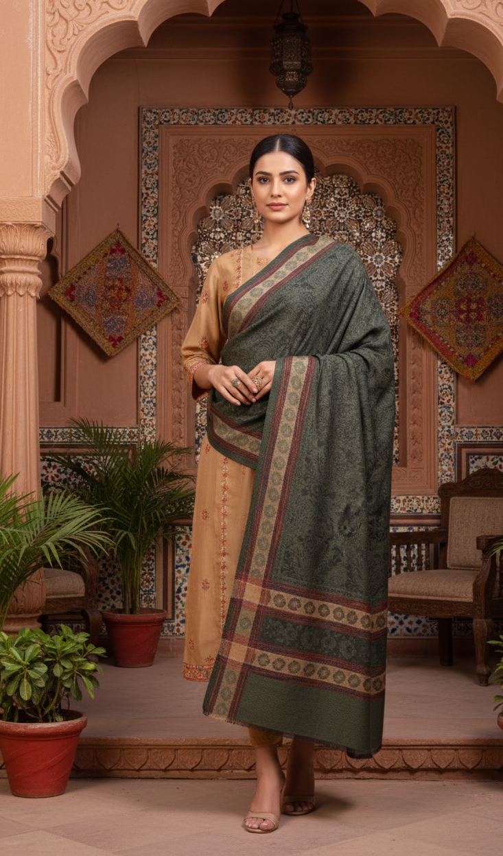 The Amritsar Store Kashmiri Women’s Shawl featuring elegant zari work and intricate four-side border – a luxurious handcrafted wrap for special occasions.