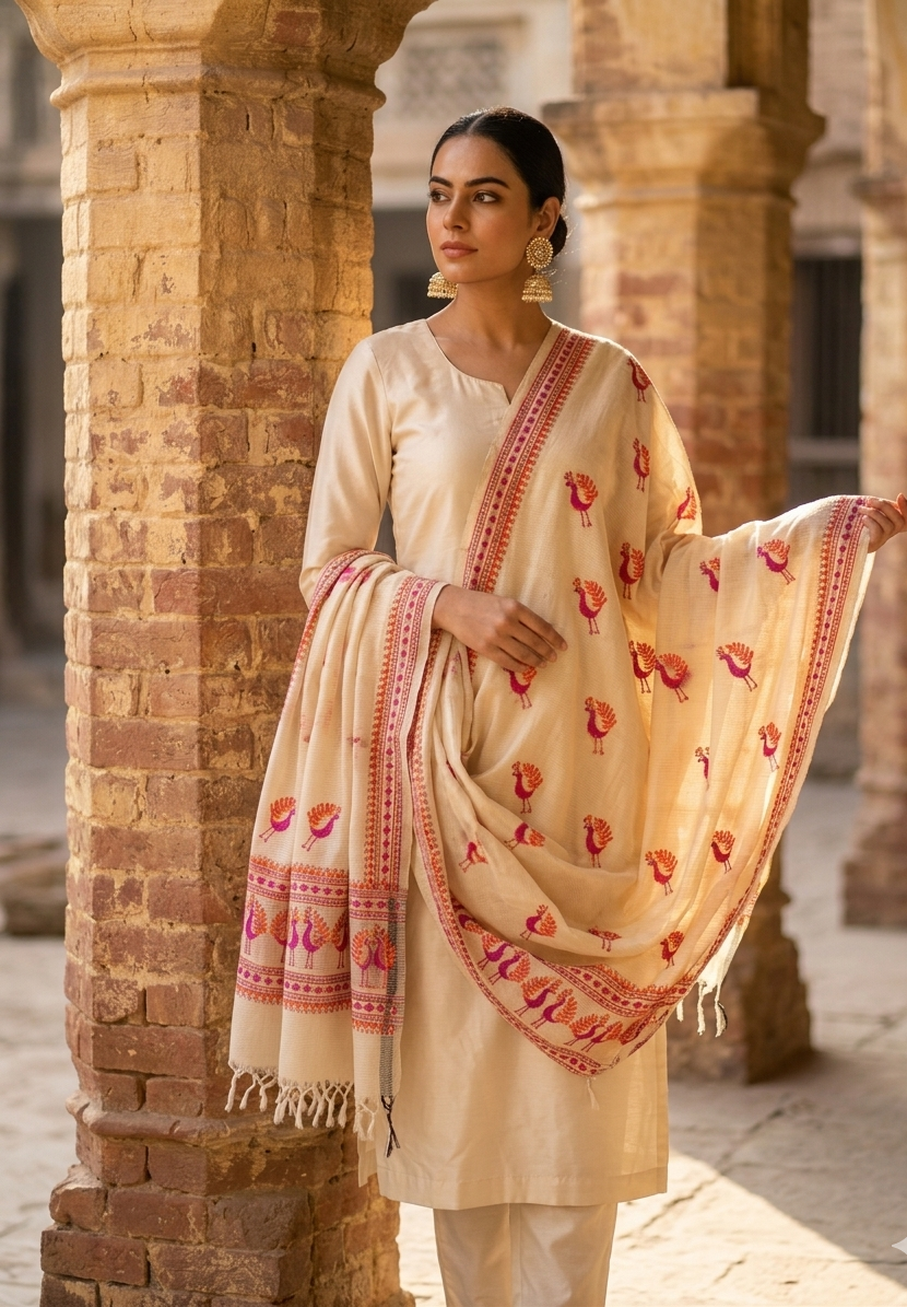 Off White Kota Doria Phulkari Dupatta for Women with Hand Embroidered Traditional Punjabi Floral Design