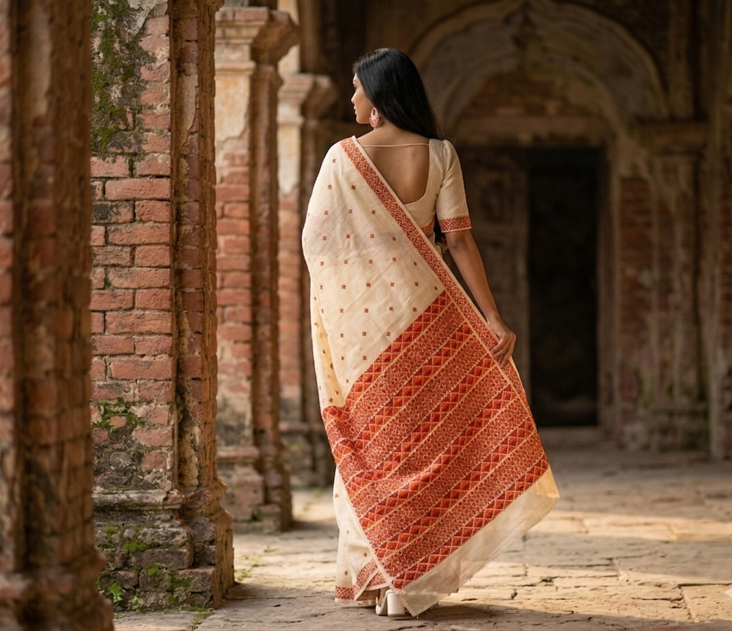 Hand embroidered off-white Phulkari saree for women with traditional Punjabi embroidery