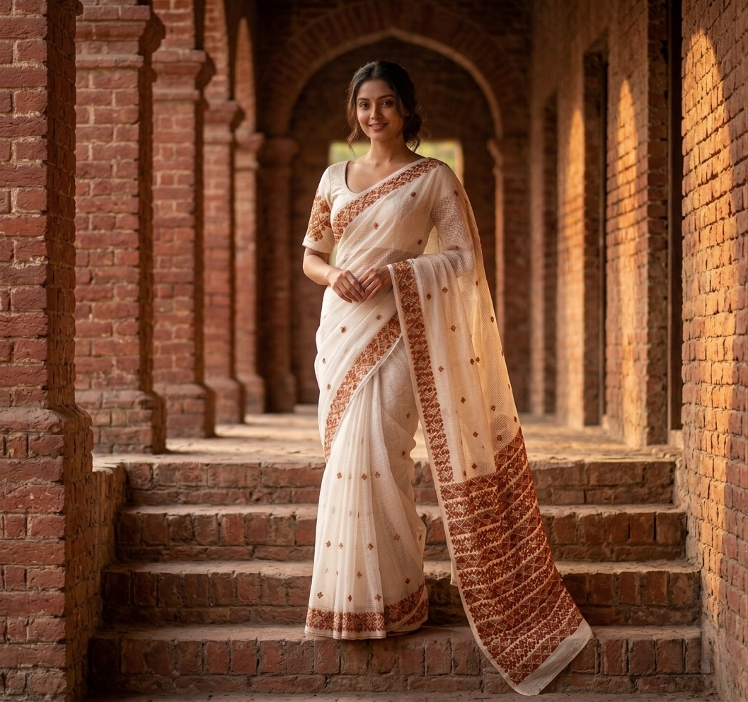 Hand embroidered off white Phulkari saree for women featuring traditional Punjabi embroidery and artisanal craftsmanship.